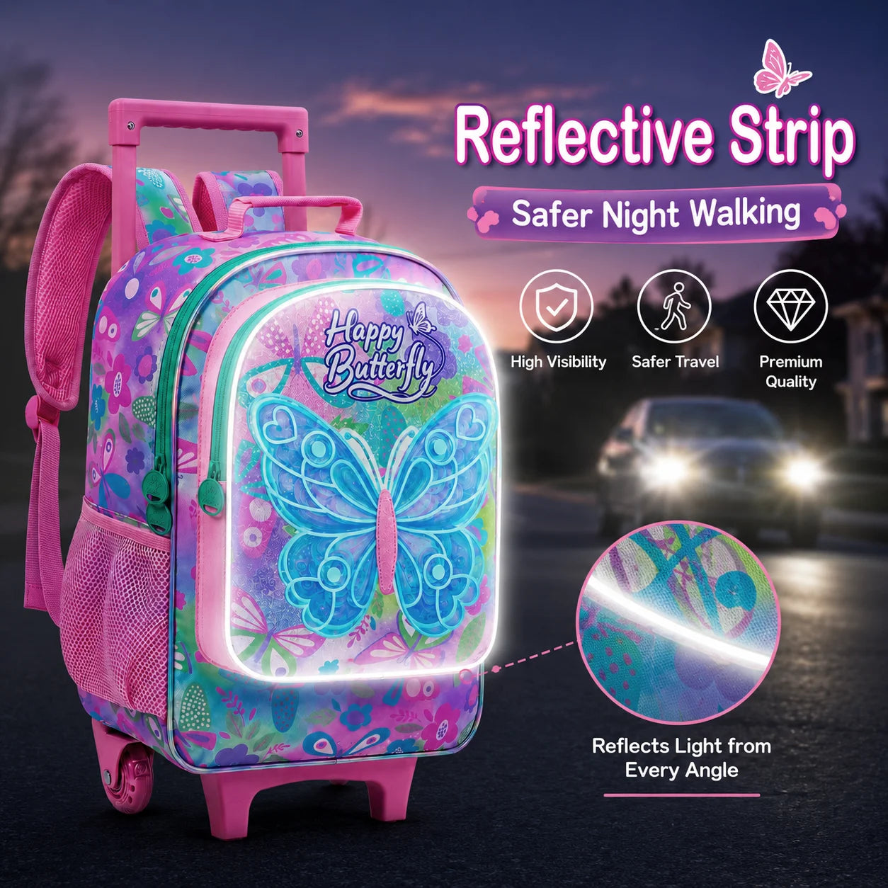 Cartable à Roulettes Papillon 3 Pièces | Fille 7-13 ans