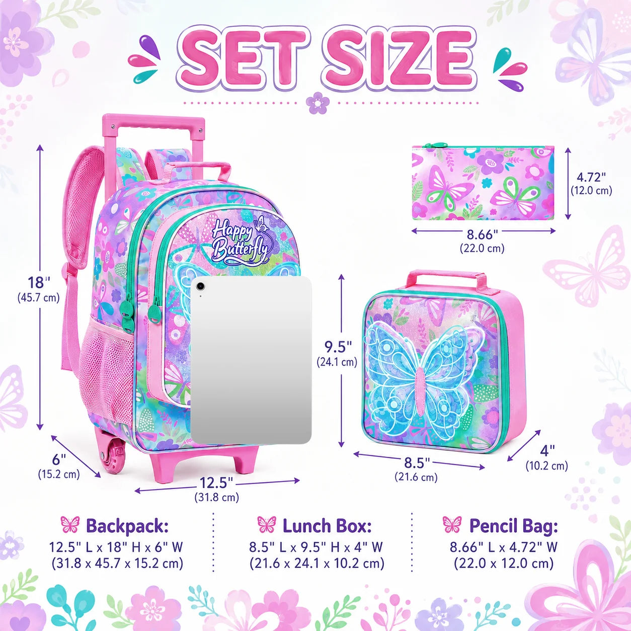 Cartable à Roulettes Papillon 3 Pièces | Fille 7-13 ans