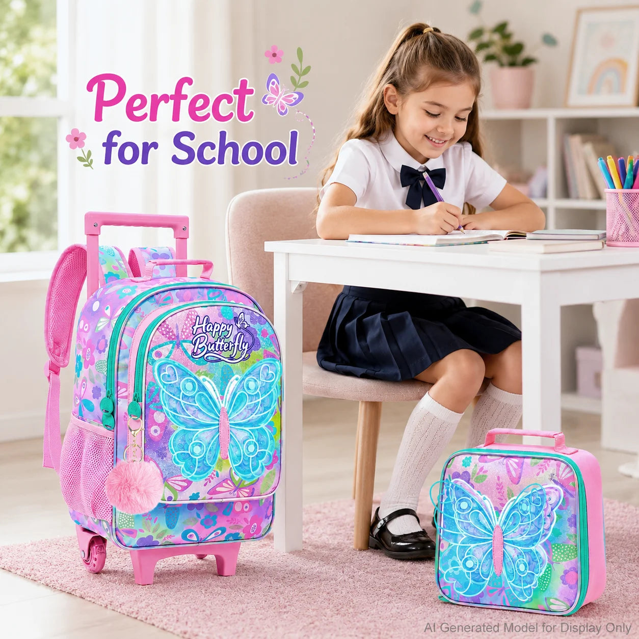 Cartable à Roulettes Papillon 3 Pièces | Fille 7-13 ans