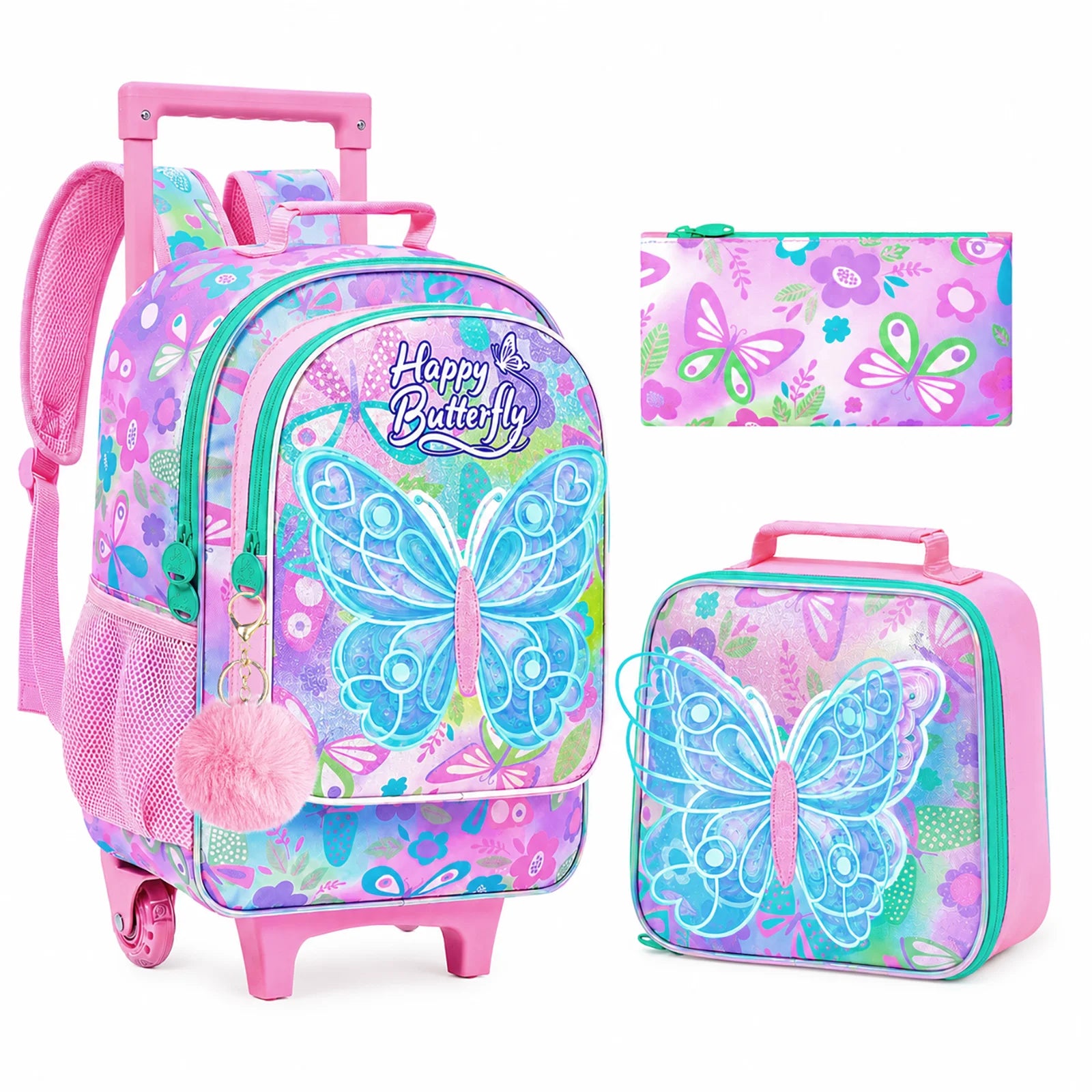 Cartable à Roulettes Papillon 3 Pièces | Fille 7-13 ans