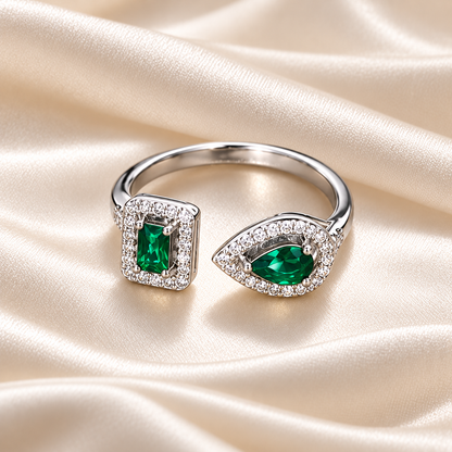 Bague Élia argentée verte sur satin