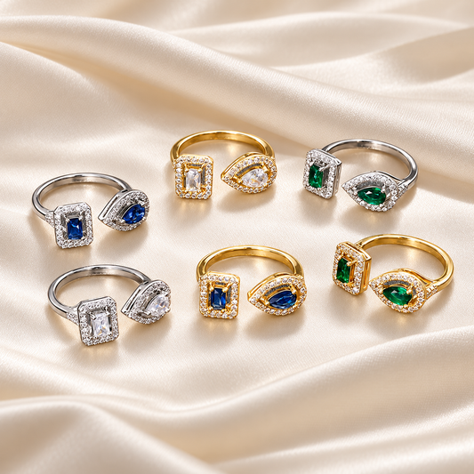 Six finitions de la bague ouverte à deux zircons sur satin